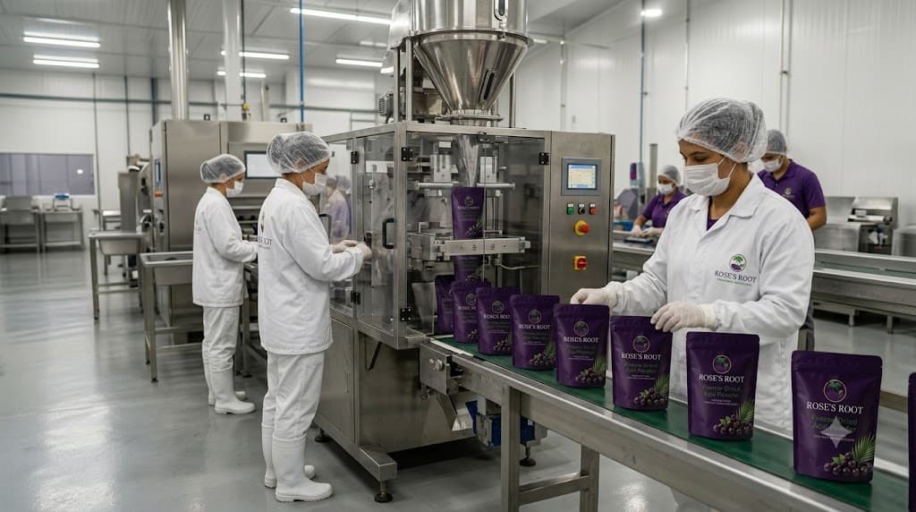Rose's Roots commercial freeze-dried açaí packaging