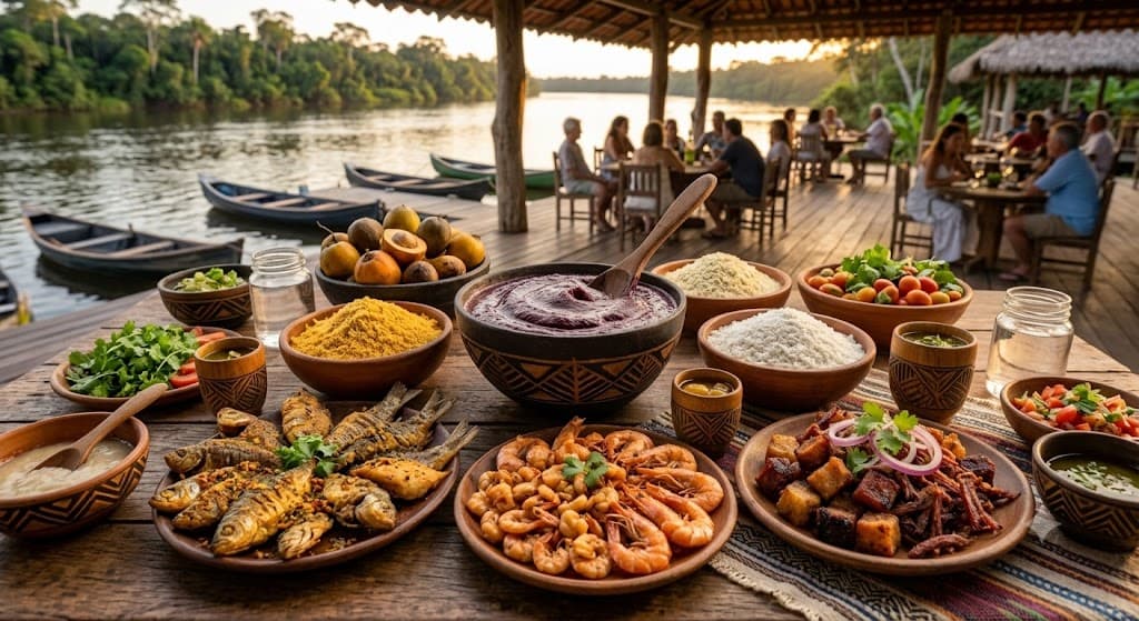 Traditional Pará table featuring açaí, fish, shrimp, charque and regional flours